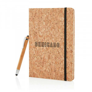 Carnet de notes en liège avec stylo en bambou exemple logo - Génicado